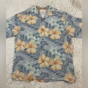 Size L Tommy Bahama Linen‎ Hawaiian Shirt Blue Floral Button Original Fit